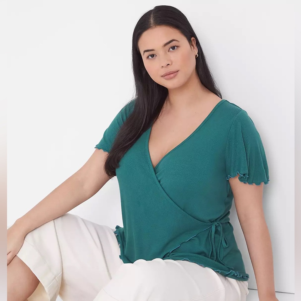 Lane Bryant Turquoise Knit Wrap Top with Flutter Sleeves - Picture 6 of 6